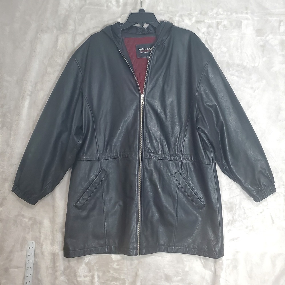 Wilsons Leather Jacket Womens XL Black Hooded Oversized Trench Quilt Lined EUC